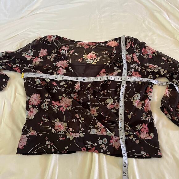 Brown Floral Sheer Ruffle Baby Doll Wrap Blouse Top Sz 6P Forest Fairy Grunge - Picture 7 of 7